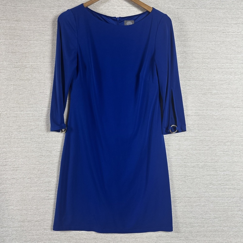 Vince Camuto Blue Sheath Dress Womens 6, 3/4 Sleeve Gold Ring Detail On Sleeve